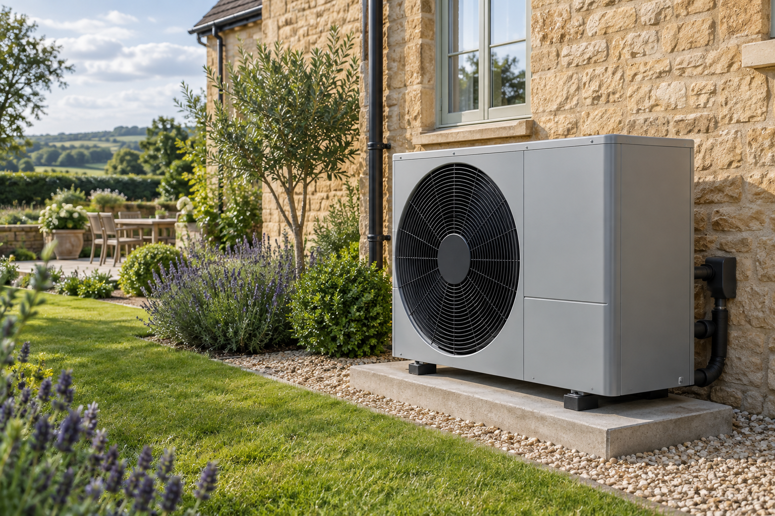 Illustration of a modern heat pump beside a Somerset-style stone home
